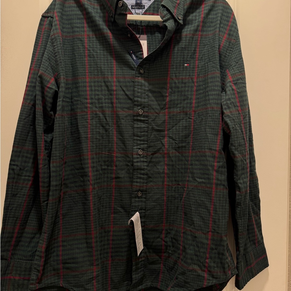 Tommy Hilfiger Men's Dark Green and Red Checkered Shirt